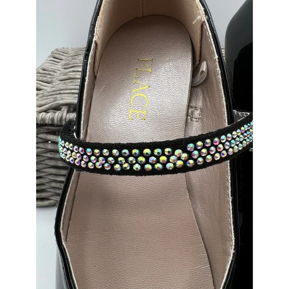 The Childrens Place Girls Size 11 Black Patent Mary Jane Dress Shoes Rhinestone